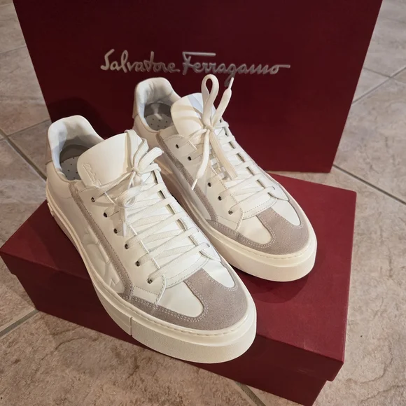Salvatore Ferragamo White Leather Sneakers with Beige Suede Accents